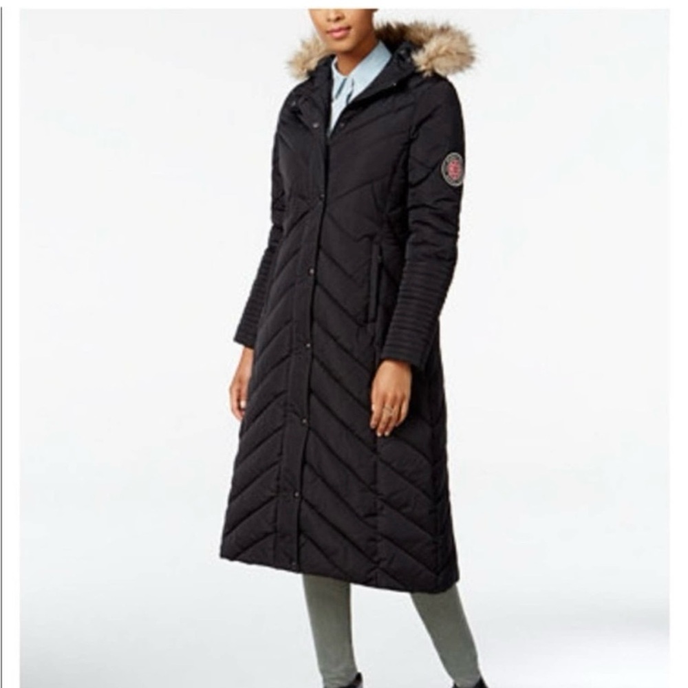 Madden Girl Women's Black Faux Trim Maxi Hooded Puffer Coat